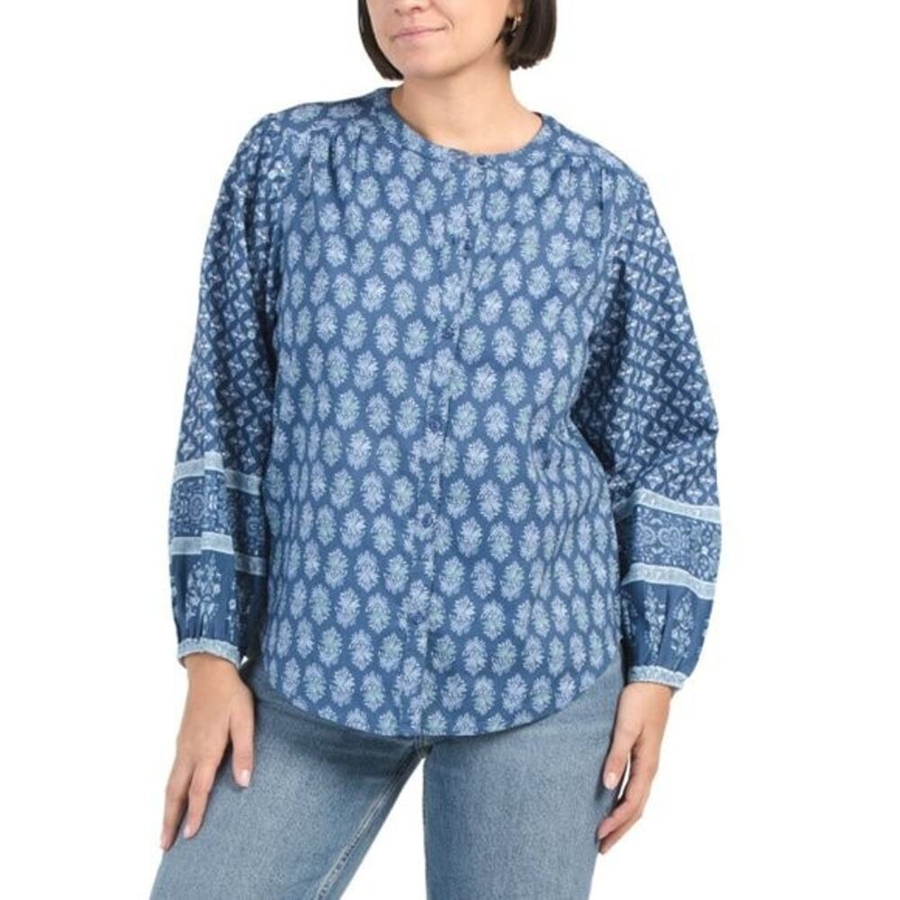 Lucky Brand Women's Size Medium Blue Border Print Woven Top Shirt Cottagecore